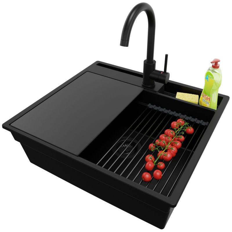 Zlewozmywak Granitowy Oslo Pocket PRIMAGRAN Nablatowy 58x53cm, Cały Czarny + Bateria + Syfon + Akcesorium, S298, 1 szt.