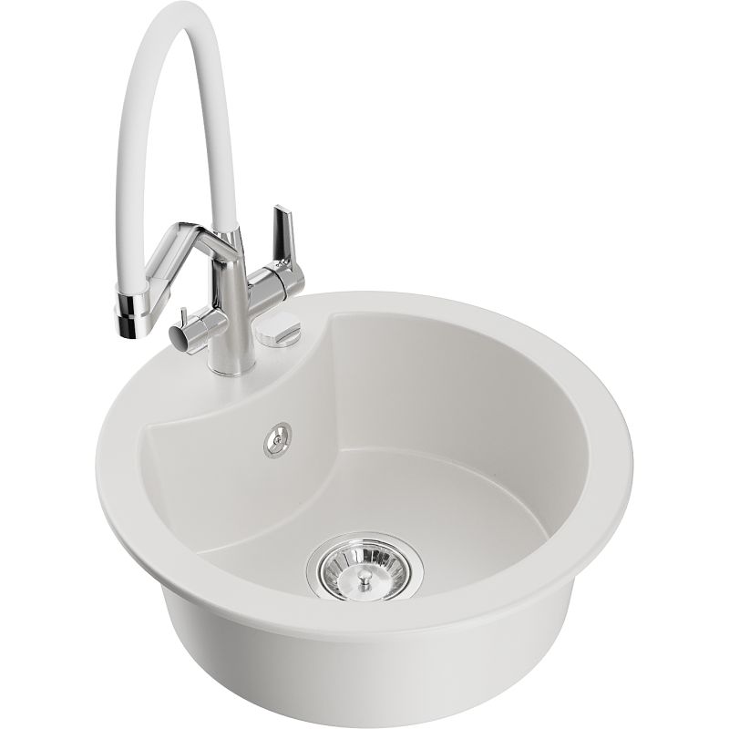 Zlewozmywak granitowy 1-komorowy Mexen Diego z baterią kuchenną Duo biały 6512-20-671701-02