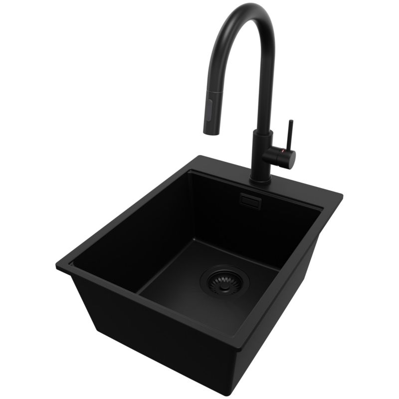 Zlewozmywak Granitowy Oslo PRIMAGRAN Nablatowy 38x50cm do szafki od 40cm z Syfonem i Baterią Cały Czarny 1 szt.