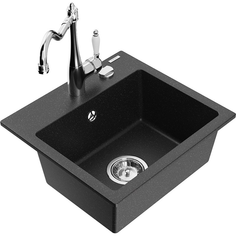 Zlewozmywak granitowy 1-komorowy Mexen Milo z baterią kuchenną Carla czarny/srebrny metalik 6505-73-670700-00