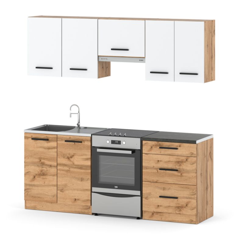 Zestaw Kuchenny Hurtownia-Mebli Z Blatem Kuchnia Mini Mokka Plus 200cm Dąb Wotan Biały Mat/Dąb Wotan 200x47x145 cm 1szt.