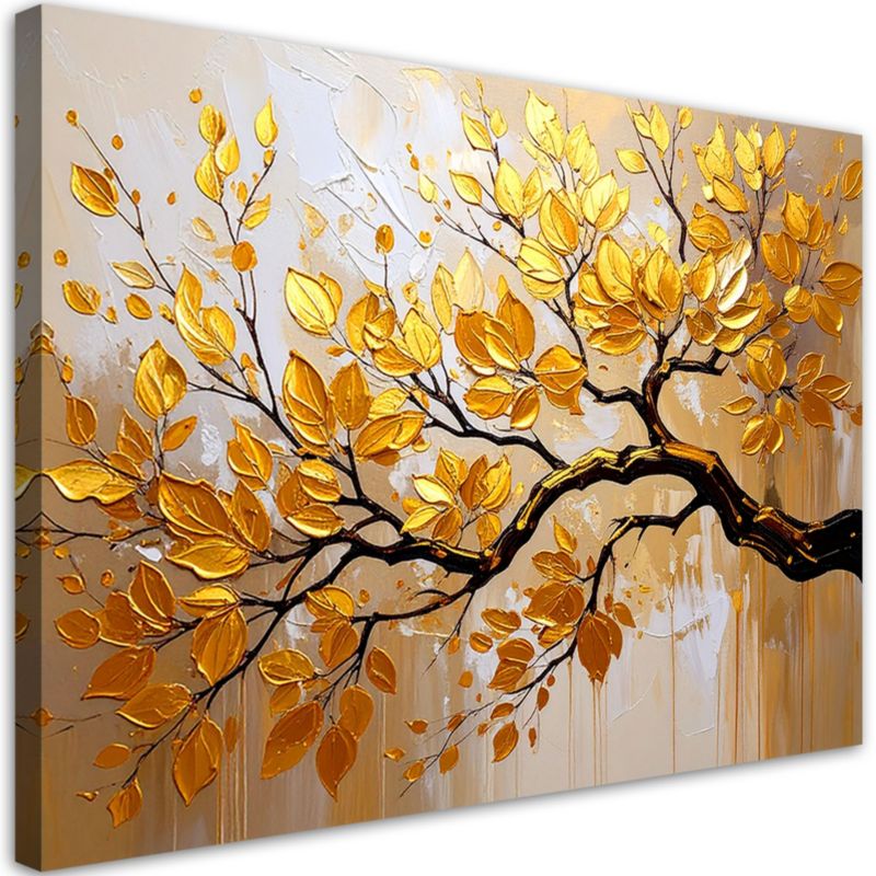 Obraz nowoczesny do salonu sypialni biura Feeby Złote Liście na gałęzi 100x70cm 1szt