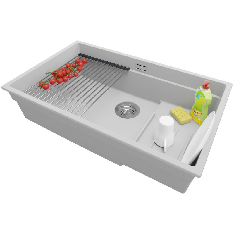 Zlewozmywak podblatowy Praga PRIMAGRAN 76x47cm do szafki od 80cm, Szary + Syfon + Zwijany ociekacz, S607, 1 szt.