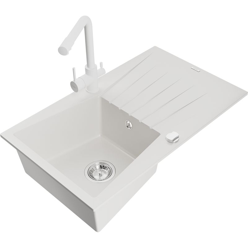 Zlewozmywak granitowy 1-komorowy Mexen Cesar z ociekaczem i baterią kuchenną Duero biały 6514-20-671600-20