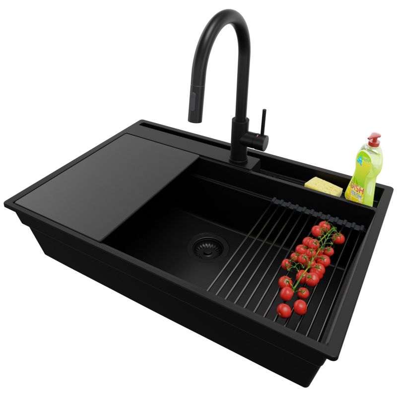 Zlewozmywak Granitowy Oslo Pocket PRIMAGRAN Nablatowy 78x53cm, Cały Czarny + Bateria + Syfon + Akcesorium, S359, 1 szt.