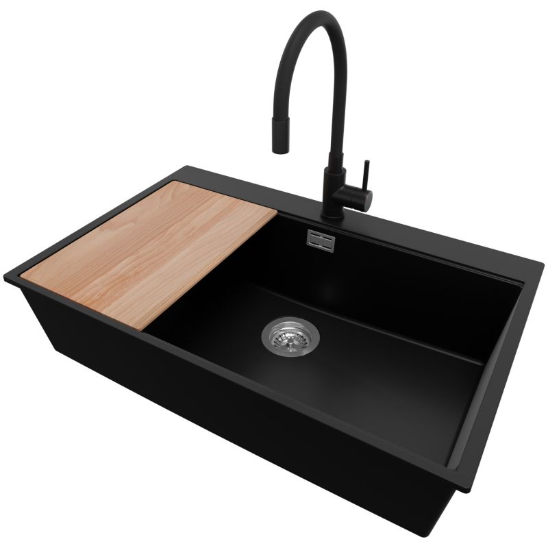 Zlewozmywak Granitowy Oslo PRIMAGRAN Nablatowy 78x50cm do szafki od 80cm, Czarny + Bateria 40x38cm + Syfon + Deska, S621, 1 szt.