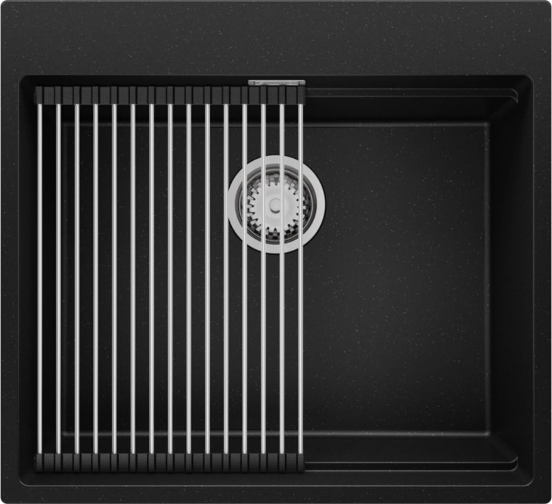 Zlewozmywak Oslo Max PRIMAGRAN Nablatowy 58x53cm do szafki od 60cm, Czarny Metalik + Syfon + Zwijany ociekacz, S158, 1 szt.