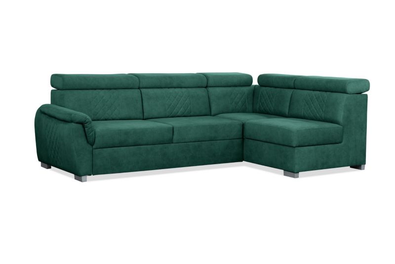 Narożnik tapicerowany Bettso Ravini prawy z pikowanym oparciem, funkcją spania i regulowanymi zagłówkami zielony 1szt.