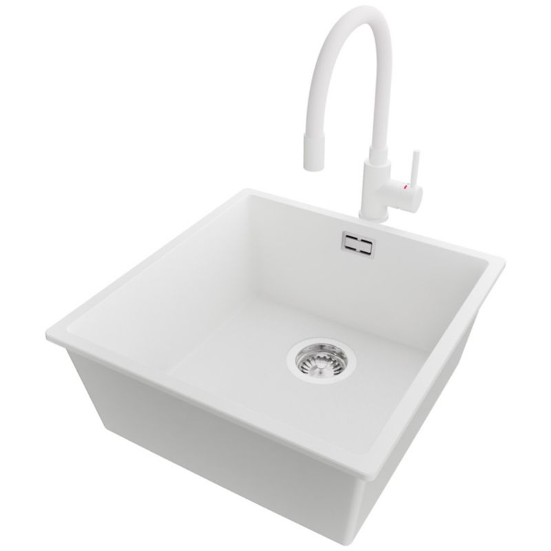 Zlewozmywak Granitowy Londyn Slim PRIMAGRAN Nablatowy 46x47cm do szafki od 50cm, Biały + Bateria 38x14cm + Syfon, S235, 1 szt.