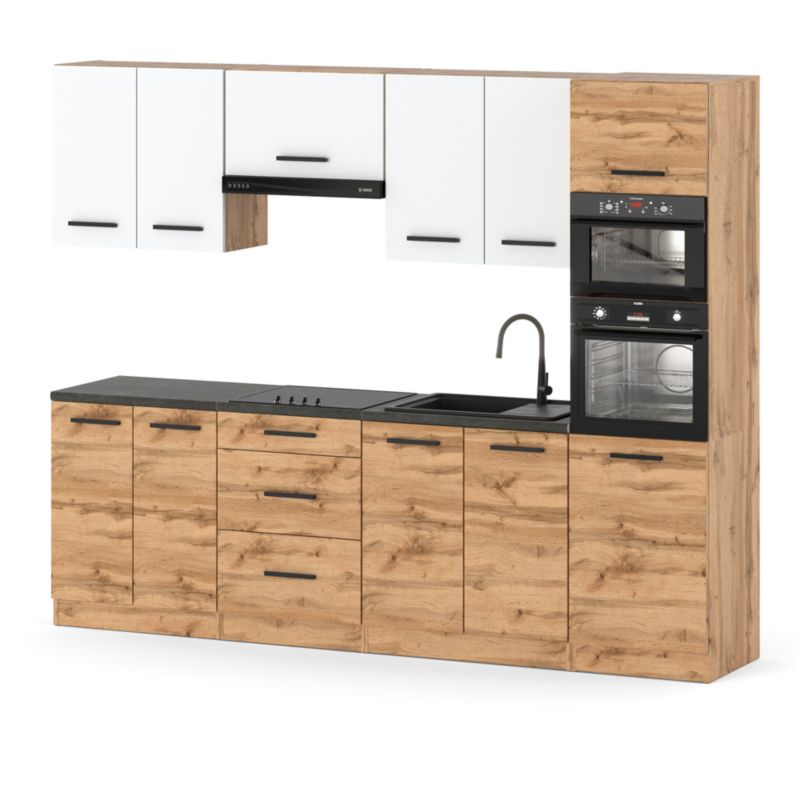 Zestaw Kuchenny Hurtownia-Mebli Z Blatem Kuchnia Marra 260cm Dąb Wotan Biały Mat/Dąb Wotan 260x47x217 cm 1szt.