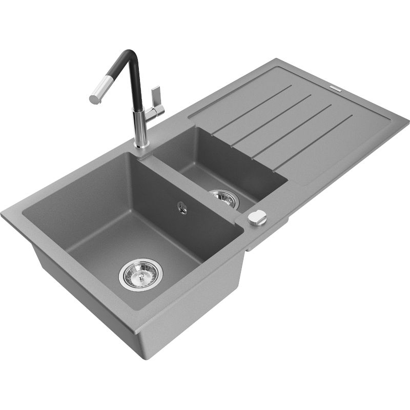 Zlewozmywak granitowy 1.5-komorowy Mexen Andres z ociekaczem i baterią kuchenną Flora szary 6515-71-670401-07