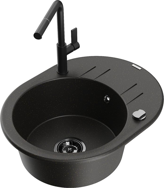 Zlewozmywak granitowy Mexen Kevin 1-komorowy z ociekaczem i baterią kuchenną Rita czarny - 6517-76-670300-76 1 szt.