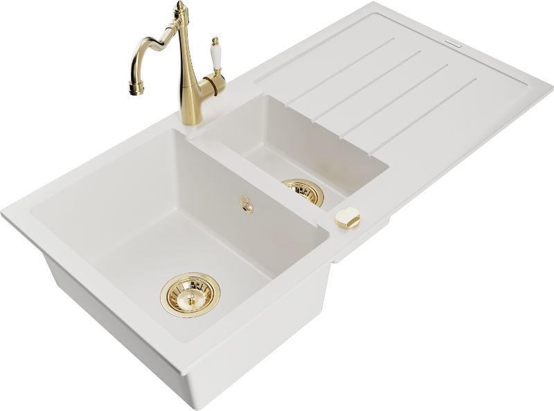 Zlewozmywak granitowy Mexen Andres 1,5-komorowy z ociekaczem i baterią kuchenną Carla biały 6515-20-670700-50