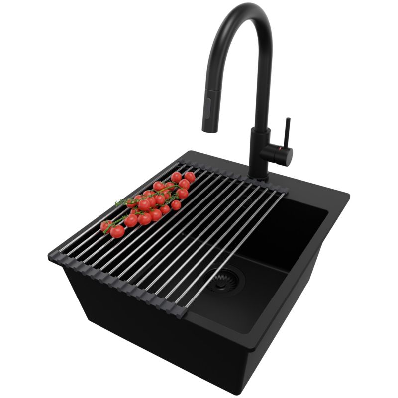 Zlewozmywak Granitowy Ryga PRIMAGRAN Nablatowy 43x50cm do szafki od 45cm z Syfonem i Baterią i Dodatkiem Cały Czarny 1 szt.