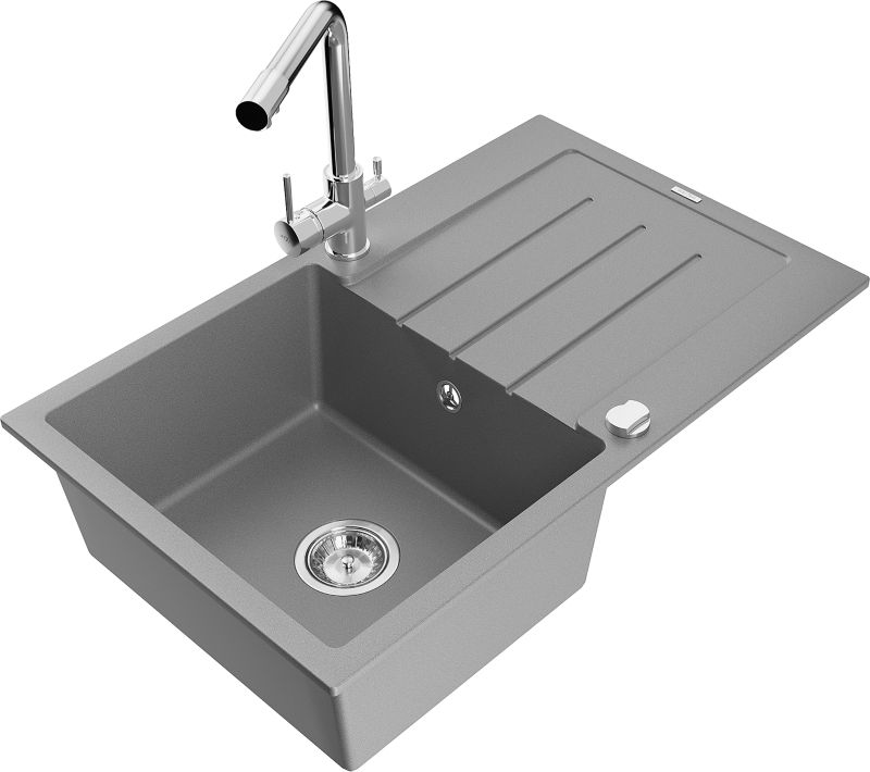 Zlewozmywak granitowy Mexen Bruno 1-komorowy z ociekaczem i baterią kuchenną Duero szary 6513-71-671600-00