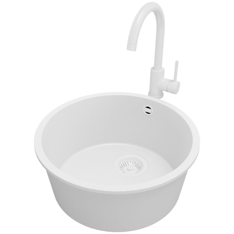 Zlewozmywak Granitowy Okrągły Valetta Slim PRIMAGRAN Nablatowy 46x46cm, Cały Biały + Bateria + Syfon, S014, 1 szt.