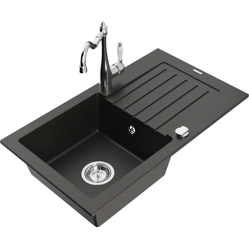 Zlewozmywak granitowy 1-komorowy Mexen Pablo z ociekaczem i baterią kuchenną Carla czarny/złoty metalik 6510-75-670700-00