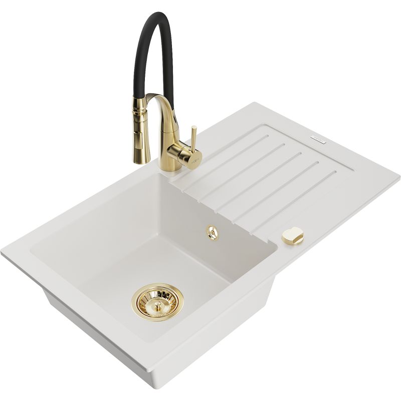 Zlewozmywak granitowy 1-komorowy Mexen Pablo z ociekaczem i baterią kuchenną Aster biały 6510-20-73450-57-G