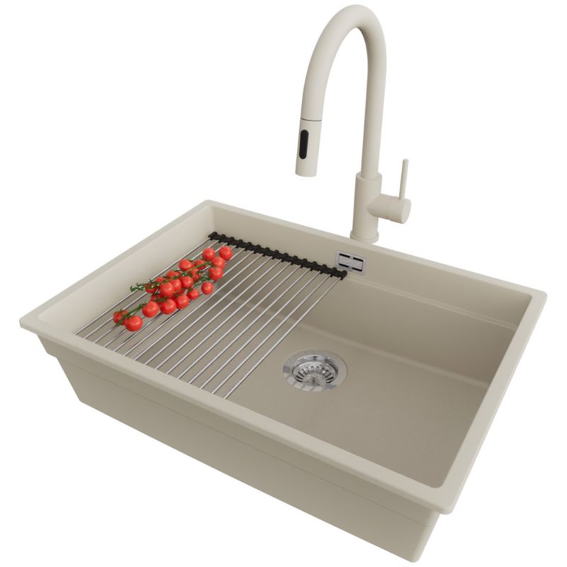 Zlewozmywak Granitowy Praga Slim PRIMAGRAN Nablatowy 66x47cm, Beżowy + Bateria + Syfon + Akcesorium, S452, 1 szt.