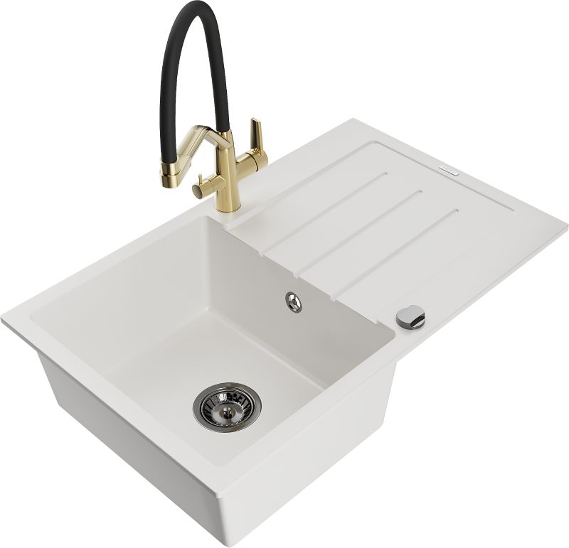 Zlewozmywak granitowy Mexen Bruno 1-komorowy z ociekaczem i baterią kuchenną Duo czarny - 6513-77-671701-57-B 1 szt.