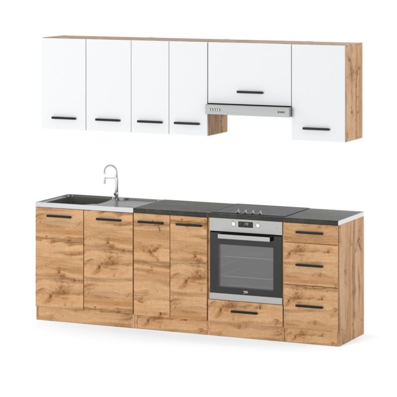 Zestaw Kuchenny Hurtownia-Mebli Z Blatem Kuchnia Mokka Plus 240cm Dąb Wotan Biały Mat/Dąb Wotan 240x47x145 cm 1szt.