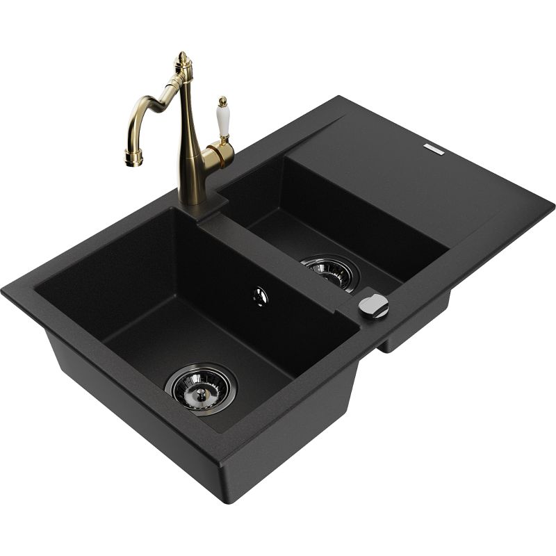 Zlewozmywak granitowy 1.5-komorowy Mexen Gaspar z ociekaczem i baterią kuchenną Carla czarny 6507-77-670700-50-B