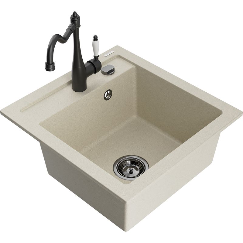 Zlewozmywak granitowy 1-komorowy Mexen Vito z baterią kuchenną Carla biały - 6503-20-670700-70 1 szt.