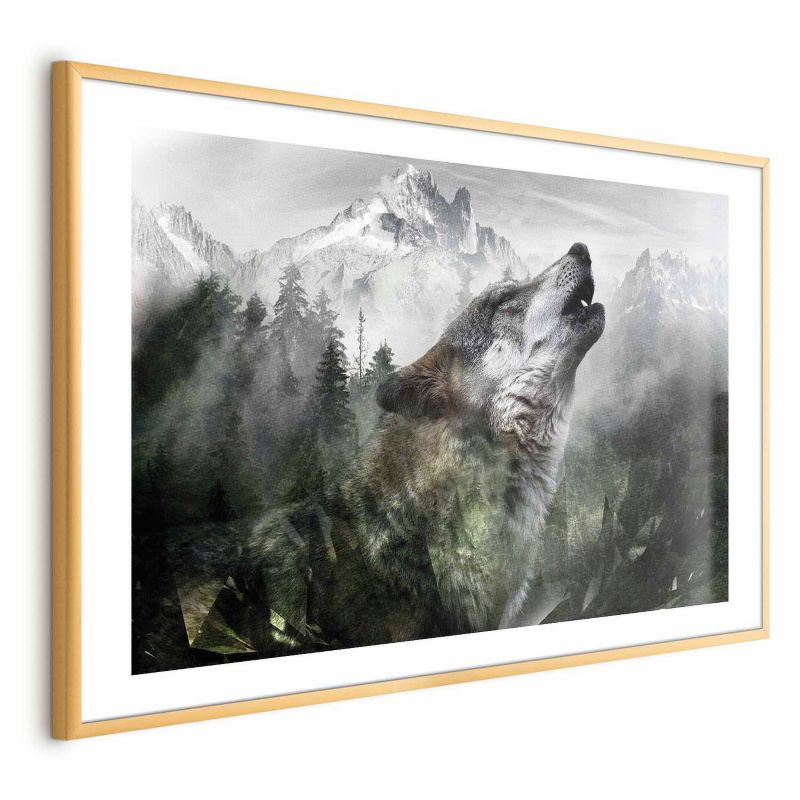 Plakat Artgeist Wyjący wilk 90x60 cm z ramą złotą z marginesem 1 szt