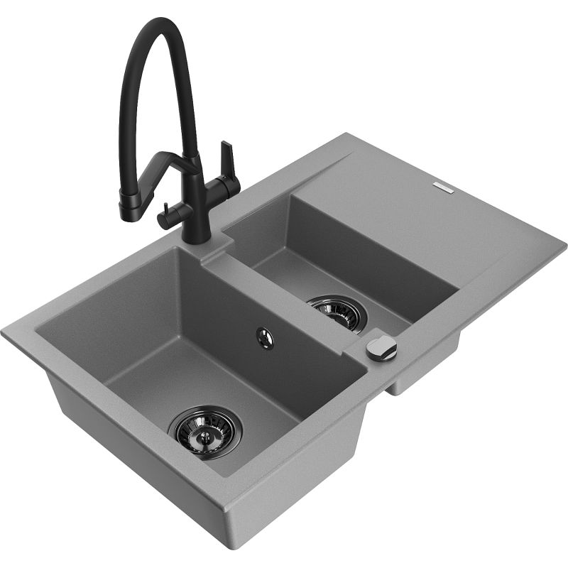 Zlewozmywak granitowy 1.5-komorowy Mexen Gaspar z ociekaczem i baterią kuchenną Elia czarny - 6507-77-670101-70 1 szt.