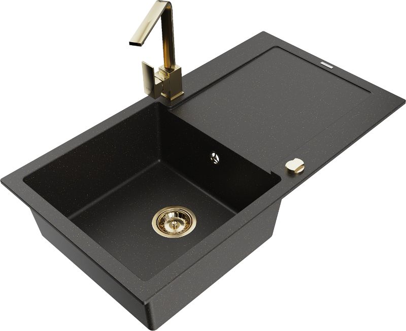 Zlewozmywak granitowy Mexen Leo 1-komorowy z ociekaczem i baterią kuchenną Rita czarny/złoty 6501-75-670300-50