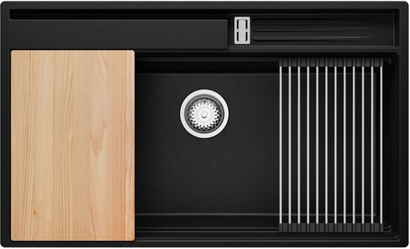 Zlewozmywak Oslo Pocket PRIMAGRAN Nablatowy 88x53cm do szafki od 90cm, Czarny Metalik + Syfon + Akcesoria, S458, 1 szt.