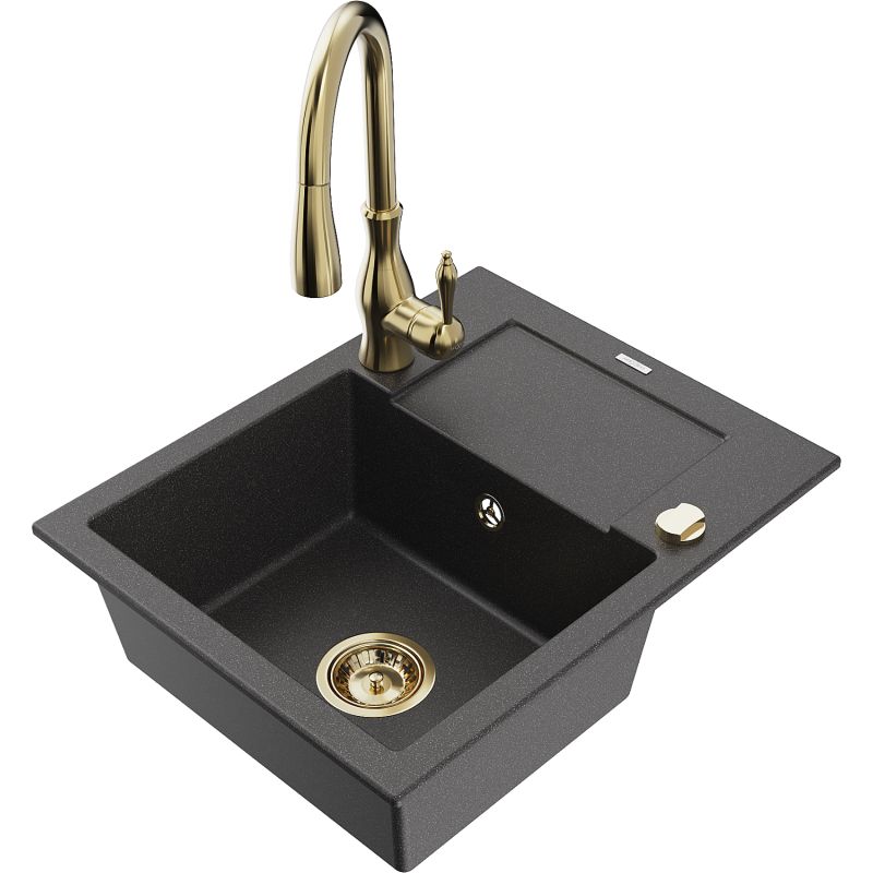 Zlewozmywak granitowy 1-komorowy Mexen Enzo z ociekaczem i baterią kuchenną Savita czarny nakrapiany 6506-76-672601-50