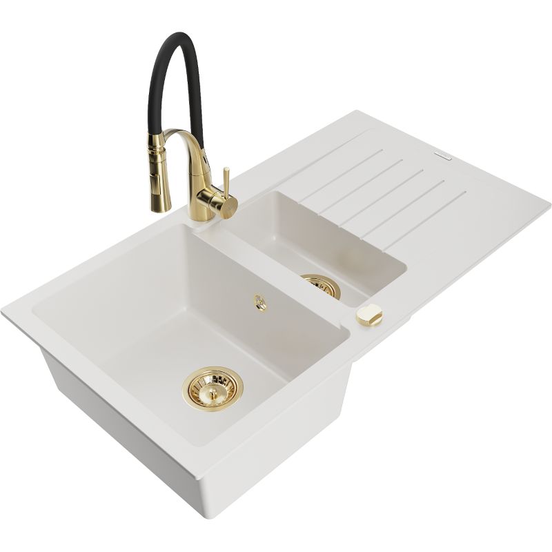 Zlewozmywak granitowy 1.5-komorowy Mexen Matias z ociekaczem i baterią kuchenną Aster biały 6502-20-73450-57-G