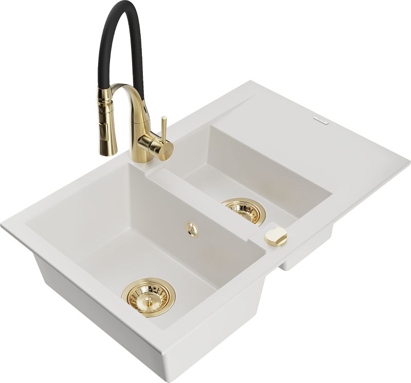 Zlewozmywak granitowy Mexen Gaspar 1,5-komorowy z ociekaczem i baterią kuchenną Aster biały 6507-20-73450-57-G