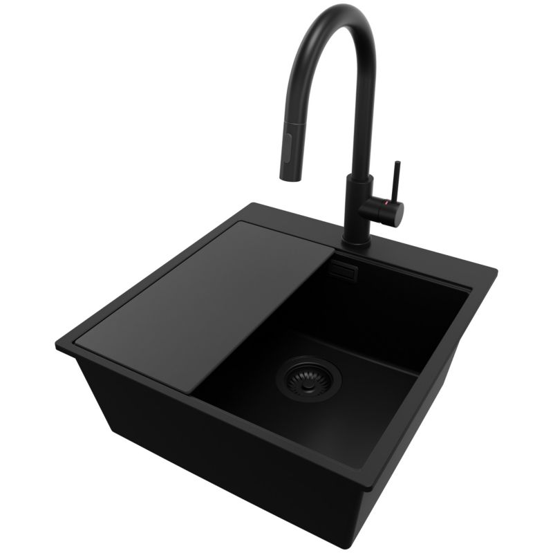 Zlewozmywak Granitowy Oslo PRIMAGRAN Nablatowy 48x50cm do szafki od 50cm, Cały Czarny + Bateria + Syfon + Deska, S329, 1 szt.