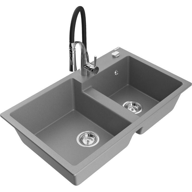 Zlewozmywak granitowy 2-komorowy Mexen Tomas z baterią kuchenną Aster szary - 6516-71-73450-57-G 1 szt.