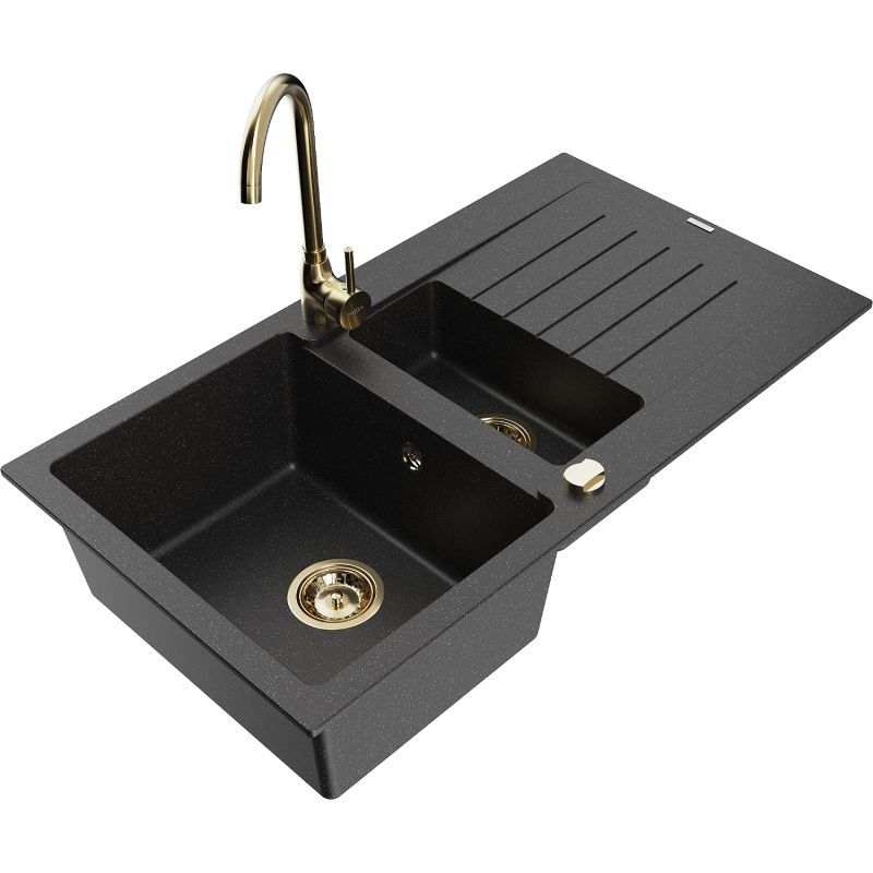 Zlewozmywak granitowy 1.5-komorowy Mexen Matias z ociekaczem i baterią kuchenną Telma czarny/srebrny 6502-73-670200-50