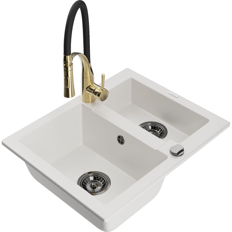 Zlewozmywak granitowy 1.5-komorowy Mexen Carlos z baterią kuchenną Aster biały 6518-20-73450-57-B