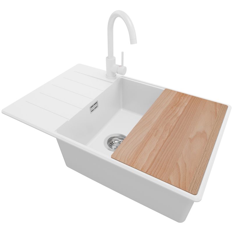 Zlewozmywak Granitowy Kopenhaga PRIMAGRAN Nablatowy 78x50cm do szafki od 60cm, Biały + Bateria + Syfon + Deska, S633, 1 szt.