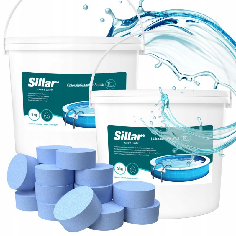 Chlor do basenu, Sillar, tabletki chlorowe 20g, 5kg, niebieskie + chlor szok, granulat, 5kg, zestaw chemii basenowej, 2szt