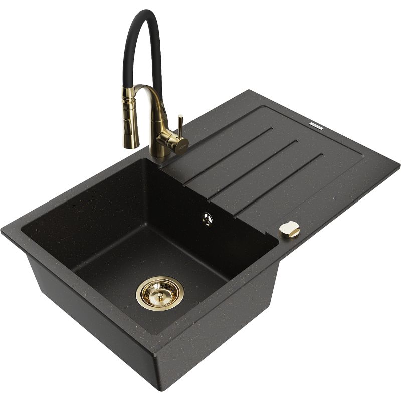 Zlewozmywak granitowy 1-komorowy Mexen Bruno z ociekaczem i baterią kuchenną Aster czarny/złoty metalik 6513-75-73450-57-G