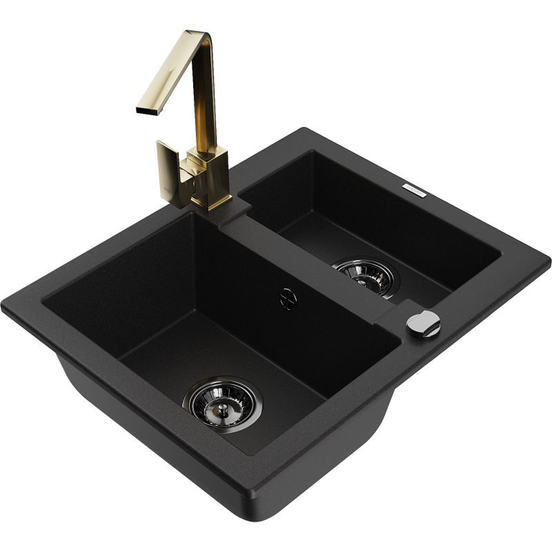 Zlewozmywak granitowy 1.5-komorowy Mexen Carlos z baterią kuchenną Rita czarny nakrapiany - 6518-76-670300-70 1 szt.