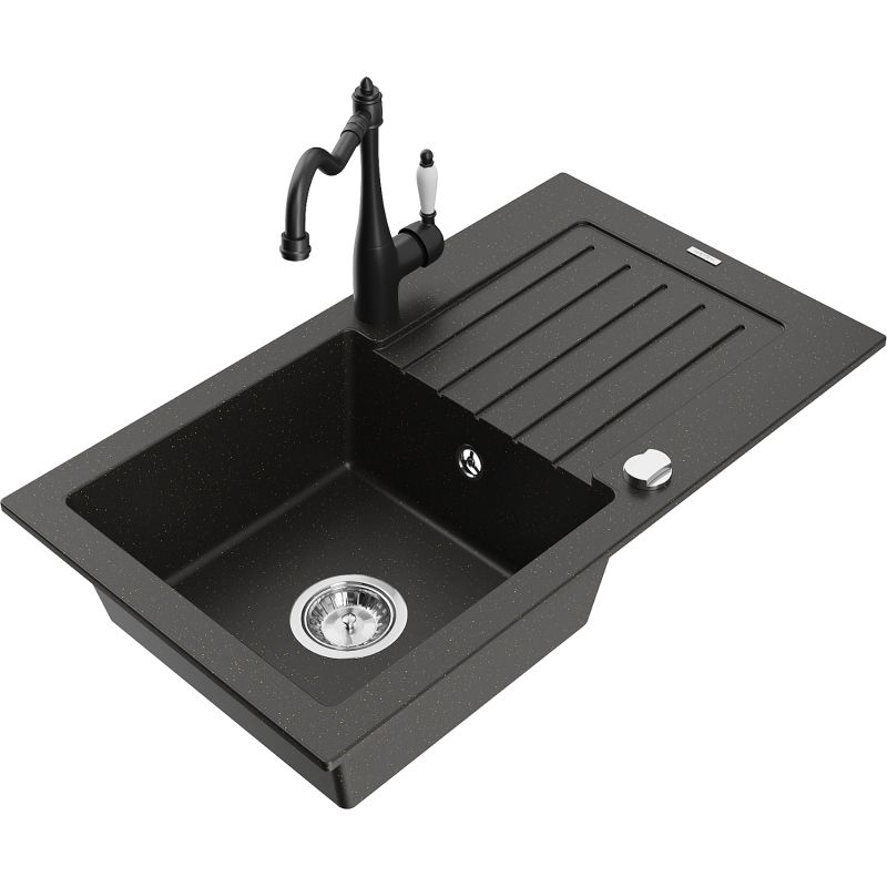 Zlewozmywak granitowy 1-komorowy Mexen Pablo z ociekaczem i baterią kuchenną Carla szary - 6510-71-670700-71 1 szt.