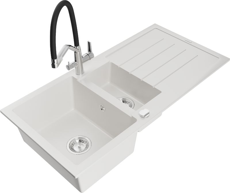 Zlewozmywak granitowy Mexen Andres 1,5-komorowy z ociekaczem i baterią kuchenną Duo biały 6515-20-671701-07