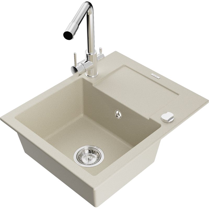 Zlewozmywak granitowy 1-komorowy Mexen Enzo z ociekaczem i baterią kuchenną Duero beżowy - 6506-69-671600-50 1 szt.