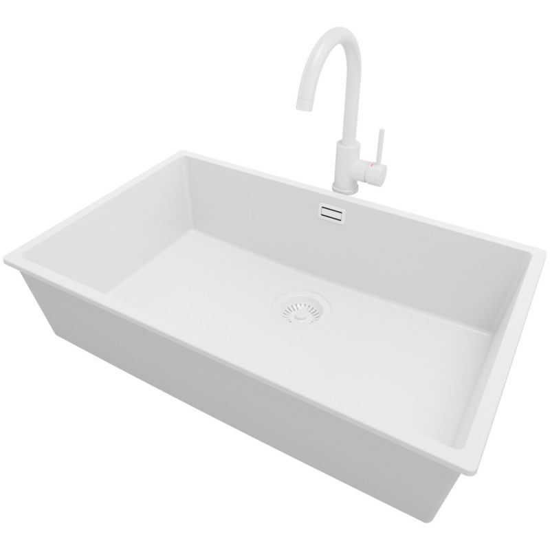 Zlewozmywak podblatowy Londyn PRIMAGRAN 76x47cm do szafki od 80cm, Cały Biały + Bateria 32x20cm + Syfon, S490, 1 szt.