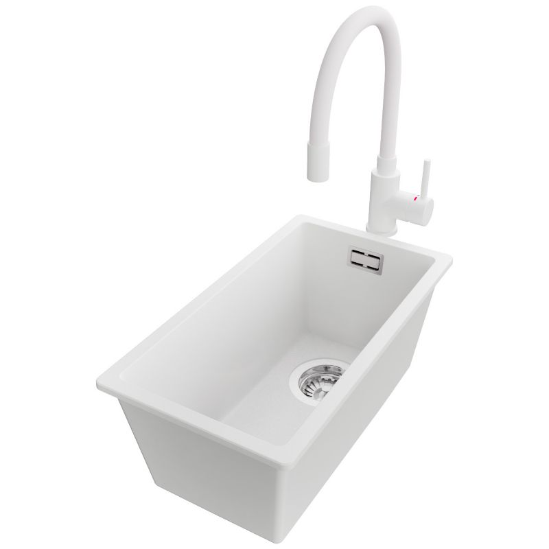 Zlewozmywak Granitowy Londyn Slim PRIMAGRAN Nablatowy 26x47cm do szafki od 30cm, Biały + Bateria 38x14cm + Syfon, S023, 1 szt.