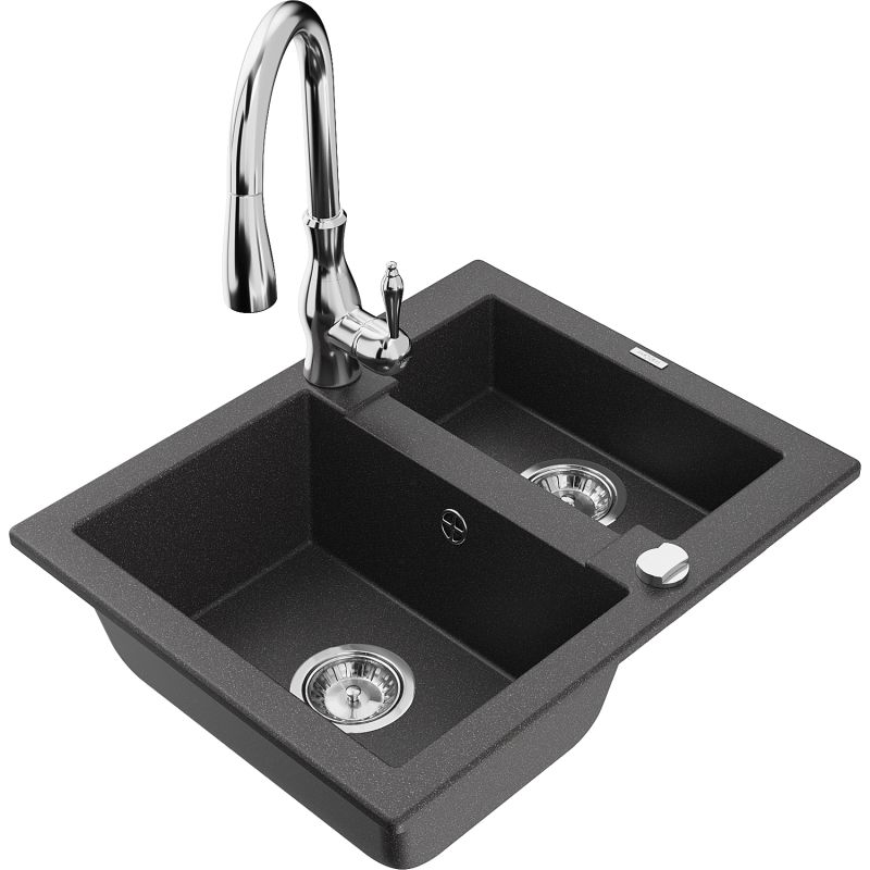 Zlewozmywak granitowy 1.5-komorowy Mexen Carlos z baterią kuchenną Savita czarny nakrapiany - 6518-76-672601-76 1 szt.