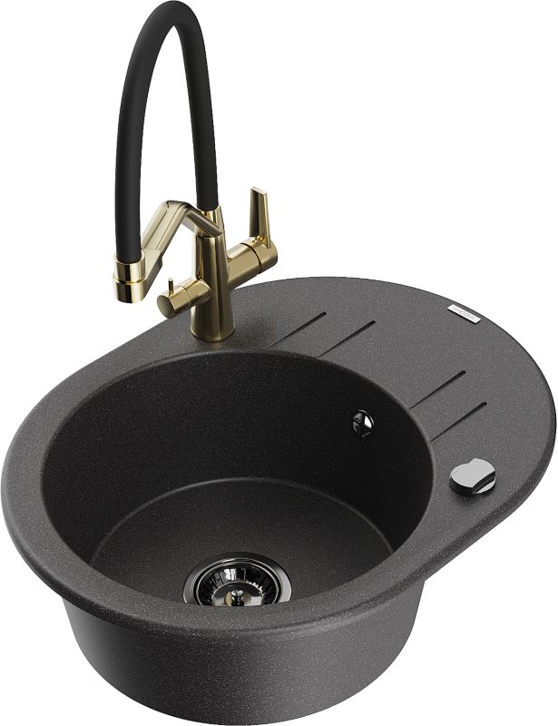 Zlewozmywak granitowy Mexen Kevin 1-komorowy z baterią kuchenną Duo czarny 6517-76-671701-57-B