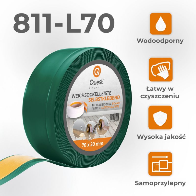 Listwa przypodłogowa PCV 70x20mm, QUEST, samoprzylepna elastyczna, miękka listwa podłogowa, cokołowa, zielony, 10m